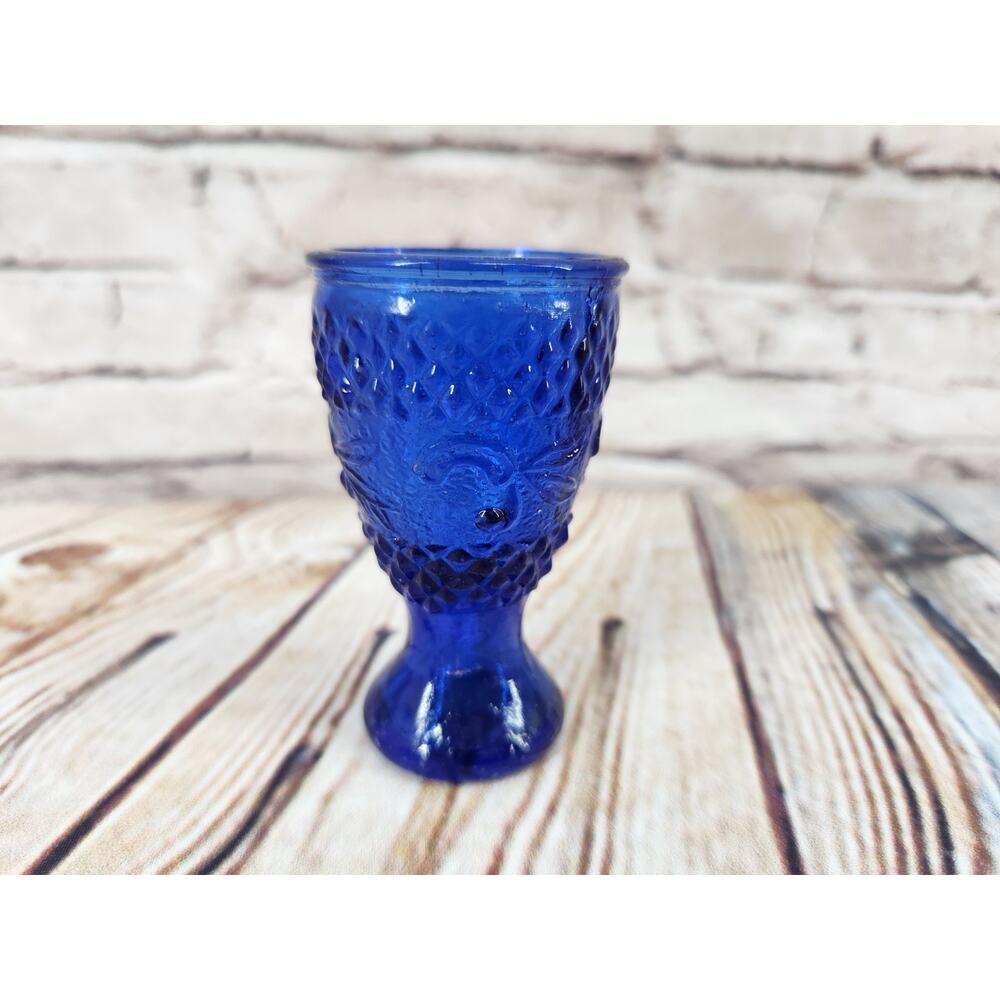 Vintage Cobalt Blue Pressed Glass Goblet Diamond Pattern Mini Wine Glass